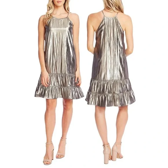 CeCe | Dresses | Cece Metallic Silver Sleeveless Halter Neck Ruffle Hem  Party Dress New Size Xs | Poshmark
